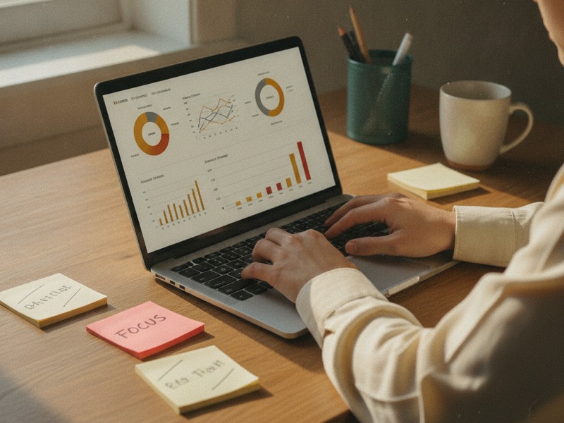 Realistic warm analytics dashboard on a laptop